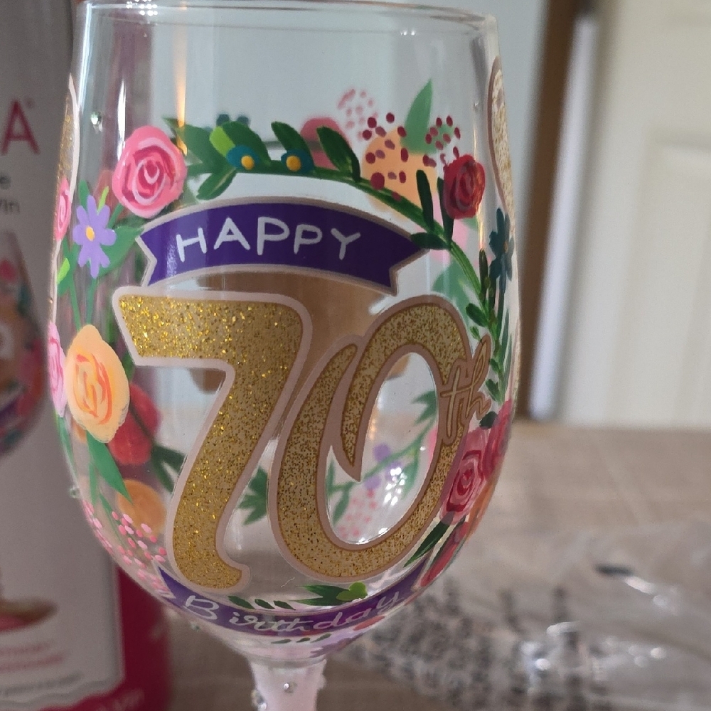 Lolita Happy 70th Birthday Wine Glass - Gold and Pink Accents - Picture 2 of 12
